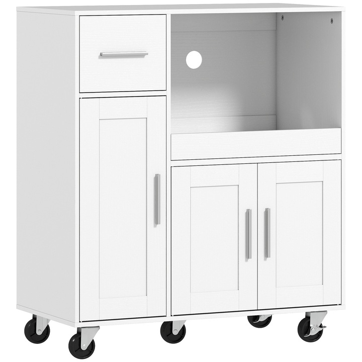 Dulap pentru cuptorul cu microunde HOMCOM din lemn, cu sertar, 2 dulapuri, raft deschis si blat ajustabil, 80x40x88.7 cm, alb
