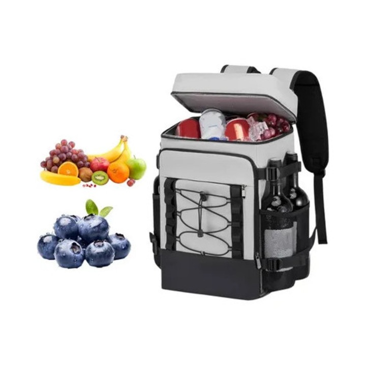 Rucsac termoizolant portabil gri 30x45cm cu compartimente multiple si izolatie inalta densitate