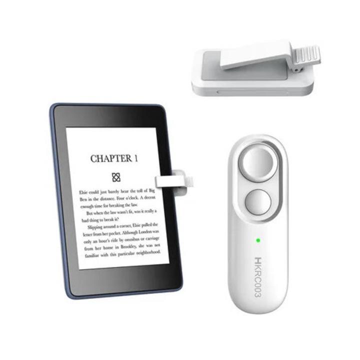 Дистанционно управление за прелистване на страници HIRC003, съвместимо с Kindle/iPhone/таблети с Android, с клипс приемник и функция свободни ръце (не изисква Bluetooth), удължена автономност, бяло
