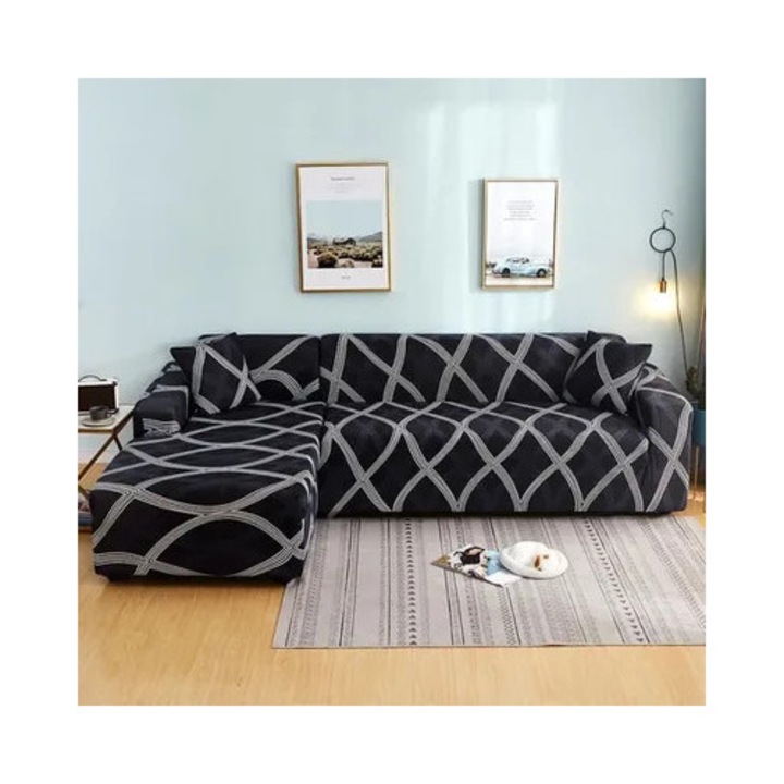 Husa pentru canapea coltar 3+2 locuri, elastica, cu accoudoare si protectie, include 2 huse perne 45x45 cm, negru/gri, set 2 buc (3 locuri 190-230 cm, 2 locuri 145-185 cm)