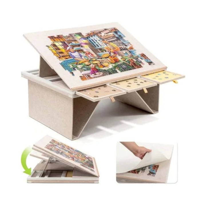 Összecsukható puzzle szőnyeg 1500 darabos, 90x63cm, filc, 4 fiók, állítható, hordozható