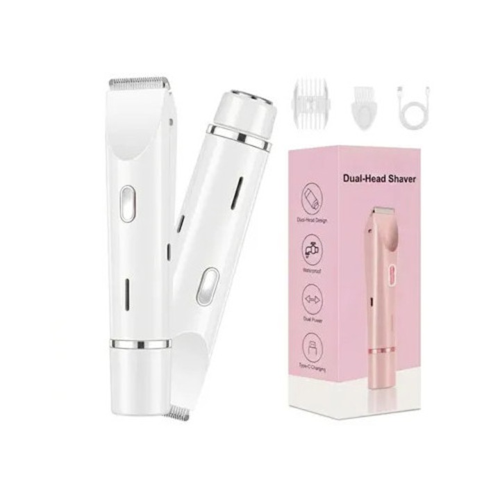Aparat de ras electric 2-in-1 pentru femei, trimmer bikini si corp, lama hipoalergenica din otel inoxidabil, reincarcabil, etans IPX7, autonomie 60 min, Alb