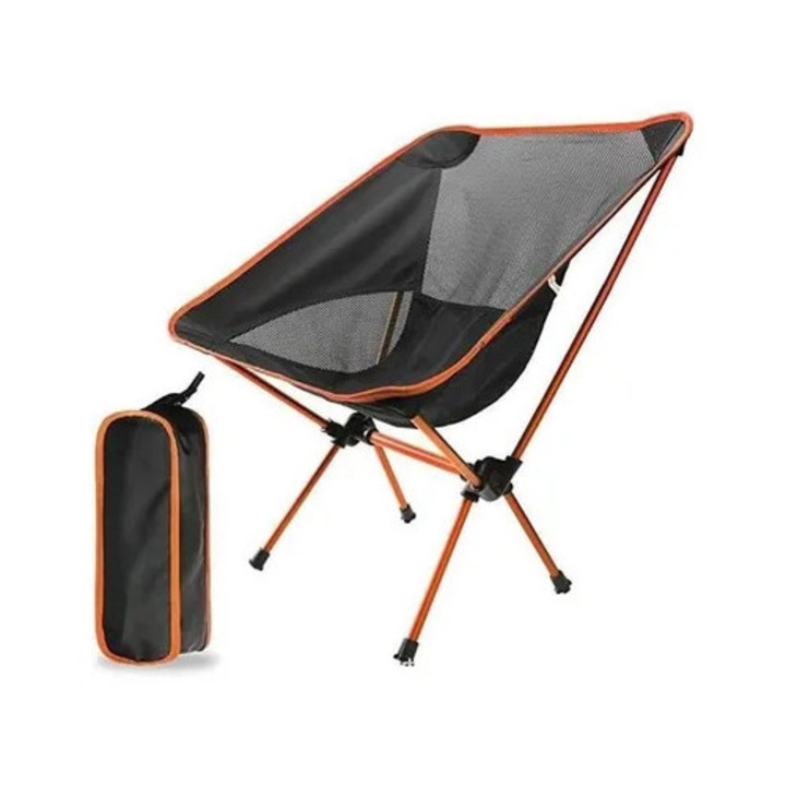 Scaun de camping pliabil portabil usor, fotoliu camping din material Oxford, cadru din aliaj, capacitate maxima 150 kg, negru/oranj, cu husa de transport