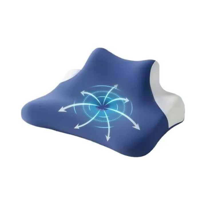 Perna ortopedica cervicala, perna ergonomica cu spuma cu memorie 2 in 1 pentru somn lateral si dorsal, suport flotant, ventilatie tip fagure, design cu 3 zone de sustinere, Albastru, 1 buc