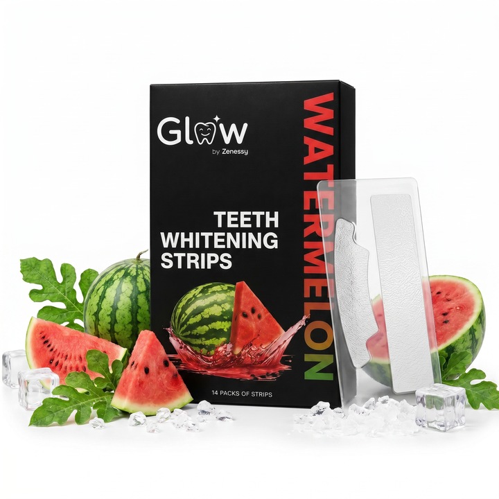 Glow Benzi pentru Albirea Dintilor, Fara Peroxid, 28 Benzi (14 zile), Formula Delicata, Fara Sensibilitate, Experienta Placuta, Benzi Aromate Fresh (Pepene)