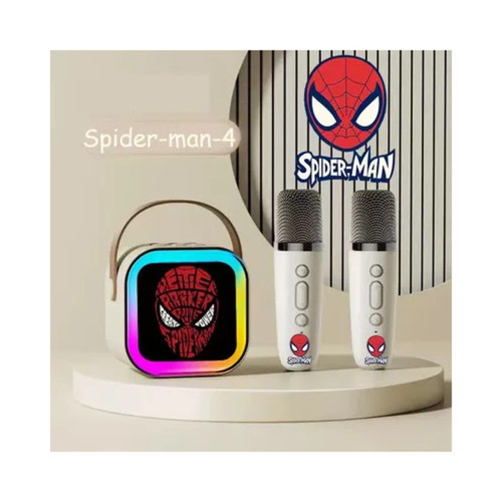 Hordozható Spider-Man-4 karaoke hangszóró, Bluetooth 5.4, dinamikus RGB fény, bézs, hangszóró szett + 2 vezeték nélküli mikrofon