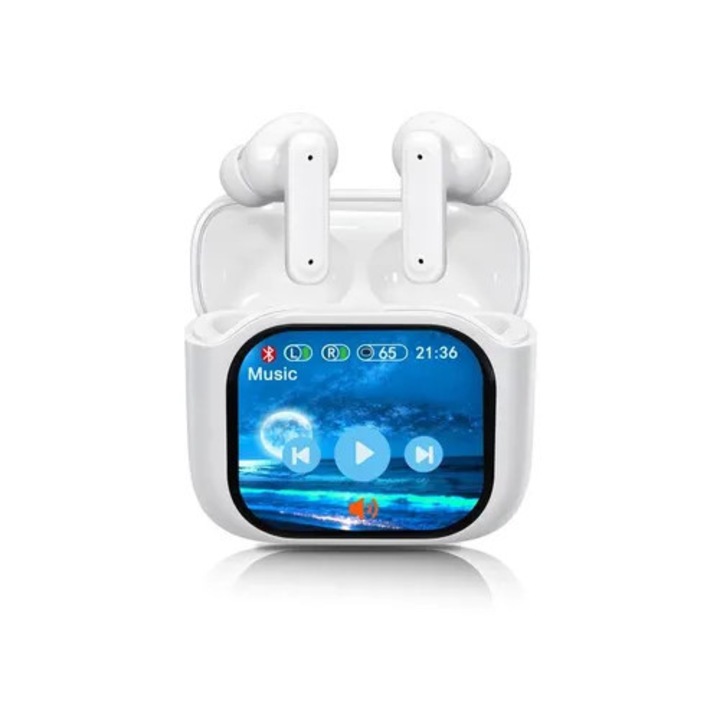 Vezeték nélküli fülhallgató érintőképernyős LED kijelzővel, Bluetooth 5.4, ANC/ENC zajcsökkentés, akár 40 órás üzemidő, IPX7, Fehér
