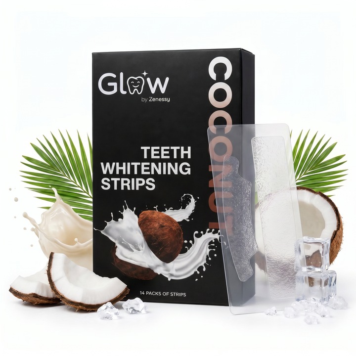 Glow Benzi pentru Albirea Dintilor, Fara Peroxid, 28 Benzi (14 zile), Formula Delicata, Fara Sensibilitate, Experienta Placuta, Benzi Aromate Relax (Cocos)