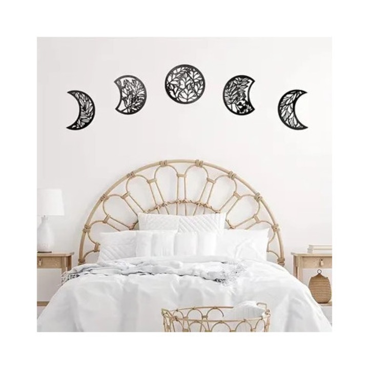 Decoratiune murala ornament suspendat set Faze ale Lunii, din lemn ajurat, design geometrie sacra cu Cubul lui Metatron, cu carlige metalice pentru agatat, Negru, 5 buc