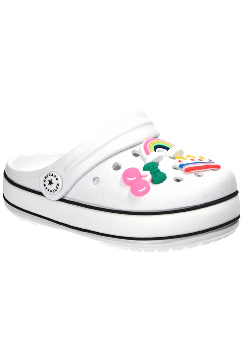 Saboti pentru copii American Club NH216, din spuma EVA, foarte usori, cu accesorii decorative detasabile si talpa antiderapanta, Alb