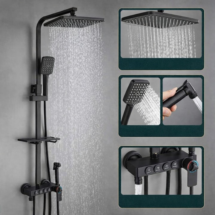 Set dus premium negru, 4 functii, Para dus si cap tip ploaie, Montare pe perete, Presiune ridicata, Negru