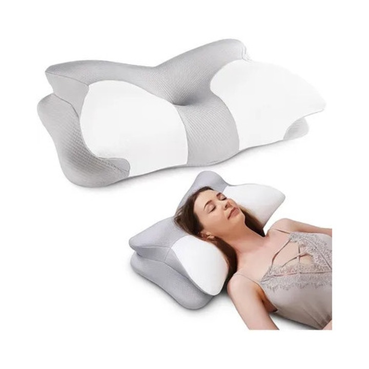 Perna ortopedica cervicala 2-in-1, spuma cu memorie densa, conceptie concava 15° ajustabila, 5 zone ergonomice, husa lavabila bumbac-poliester, alb/gri, 62×40×9/15 cm