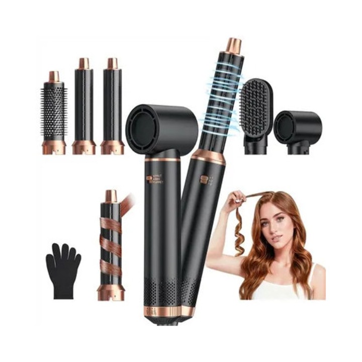Perie rotativa 5 in 1 pentru par, multifunctionala cu efect Coanda, tehnologie ionica, invelis ceramic, 5 capete detasabile, 3 trepte temperatura, negru/aur roz, 1 buc