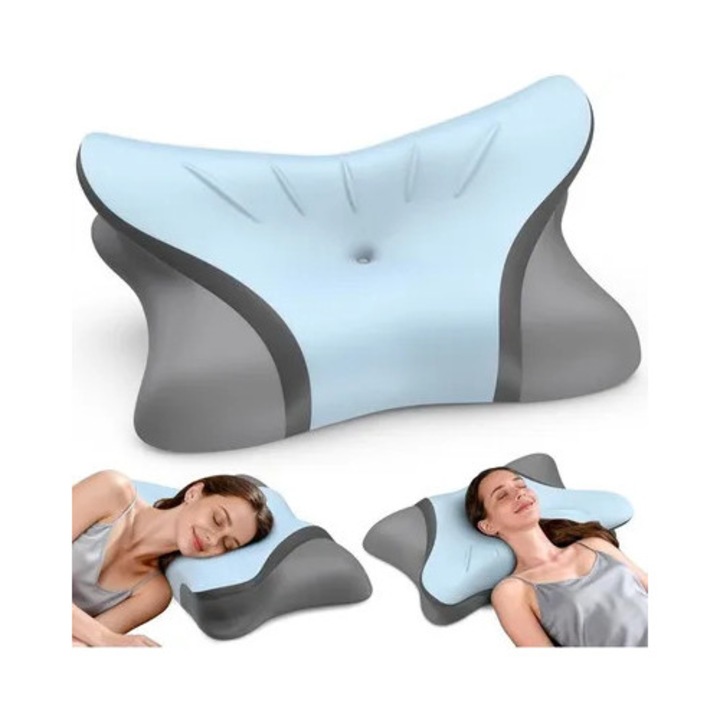 Perna cervicala, perna ortopedica suport pentru cap si umeri din spuma cu memorie, ergonomica, cu densitate inalta si anti-alergica, Albastru