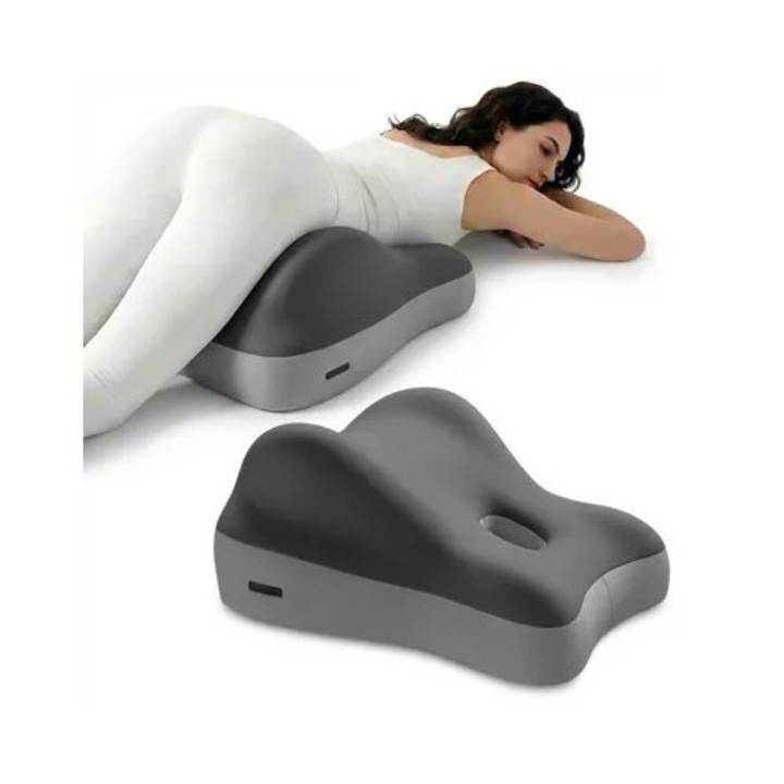 Perna ergonomica din spuma cu memorie, suport ortopedic 3D pentru pat si sezut, forma curbata, husa detasabila si lavabila, Gri, 1 buc