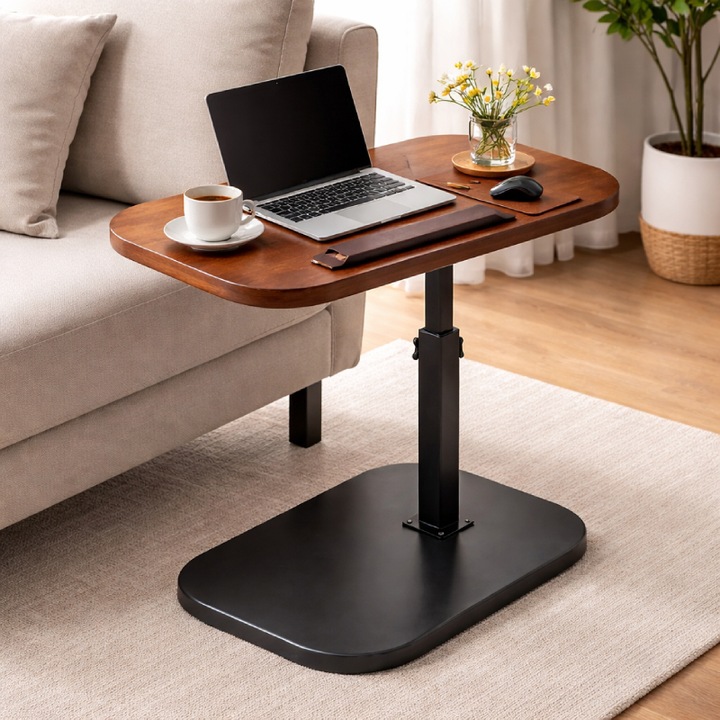 Masa reglabila rotativa cu suport laptop, Inaltime 48-80 cm, Multifunctionala, Rotativa 360°, Design modern pentru living, birou, Maro