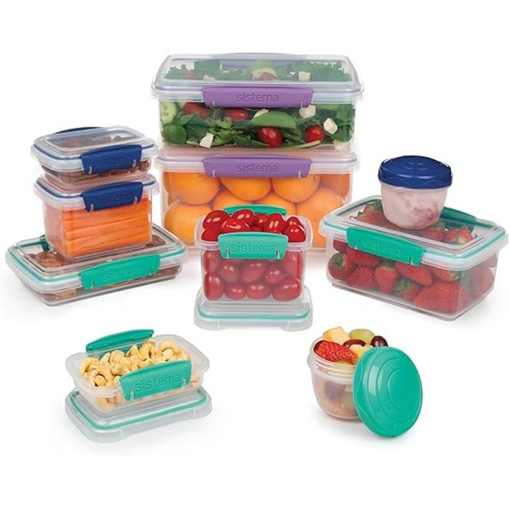 Set de recipiente pentru depozitarea alimentelor Sistema, recipiente pentru meal prep cu capace, cutii pentru pranz, recipiente pentru gustari si altele, stivuibile si etanse, fara BPA, pachet de 20