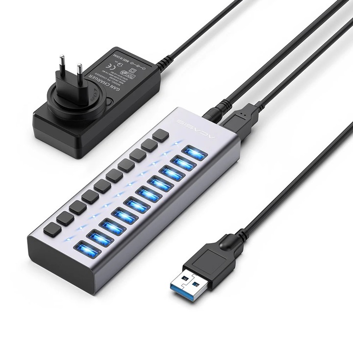 USB 3.1 хъб, ACASIS 10 порта USB 3.1 със скорост на данни 10 Gbps, алуминиев корпус, захранван USB хъб с 48W адаптер, USB хъб за компютър/лаптоп, калкулатор, флаш памет, принтер, фотоапарат