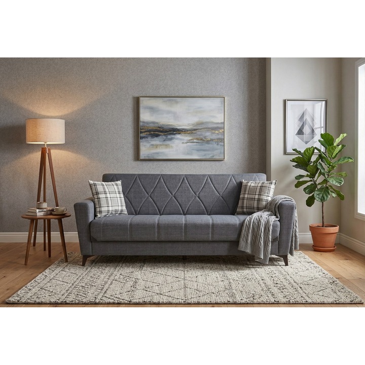 Canapea extensibila Velmora Home ELIT, 3 locuri, material textil gri inchis, cu lada de depozitare si arcuri, 210 x 80 x 80 cm