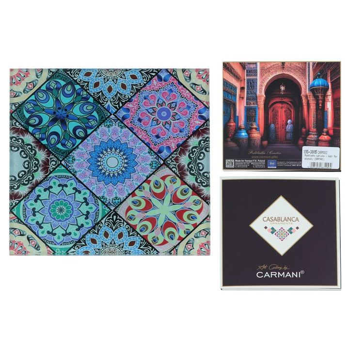 Suport pentru pahar Carmani Casablanca din sticla, patrat, cu model marocan oriental, Multicolor, 1 buc