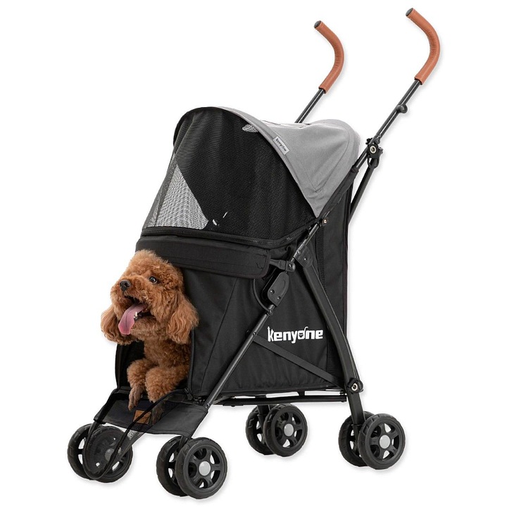 Kenyone kisállat babakocsi / kutya és macska babakocsi, összecsukható, tetővel és biztonsági fékkel, 15 kg teherbírás, szürke/fekete, 45 x 61 x 100 cm