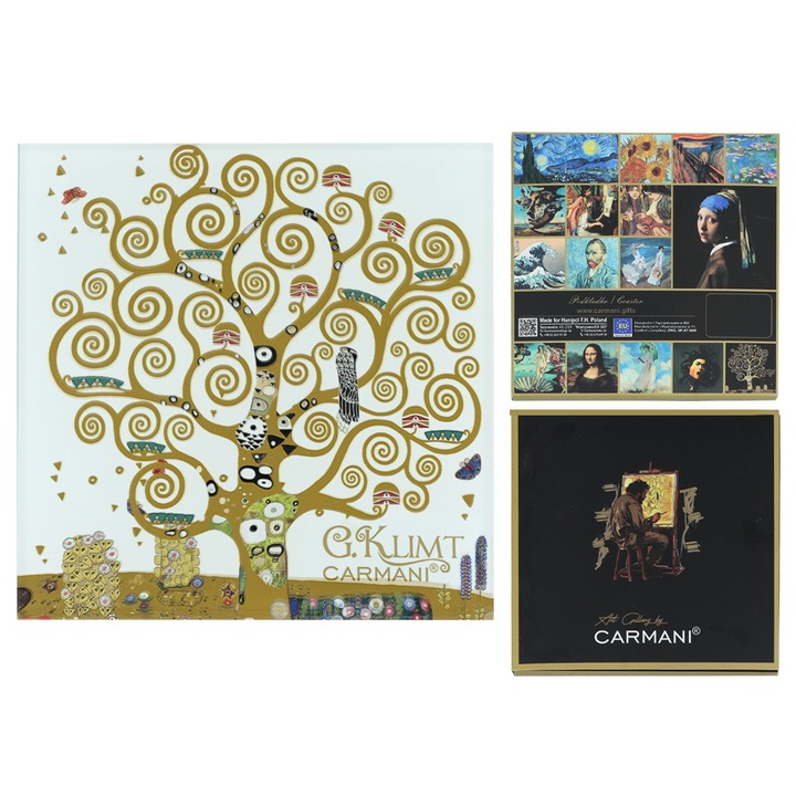 Suport pentru pahar Carmani Gustav Klimt Copacul Vietii, coaster, din sticla, patrat, decorat cu pictura, alb, 1 buc
