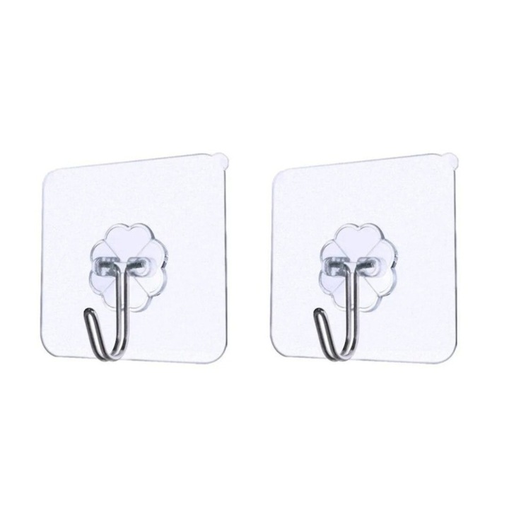 Set 2 cuiere, cu adeziv, multifunctionale, otel inoxidabil/PVC, rotativ, 5.6 x 5.6 cm, transparente, Dactylion®