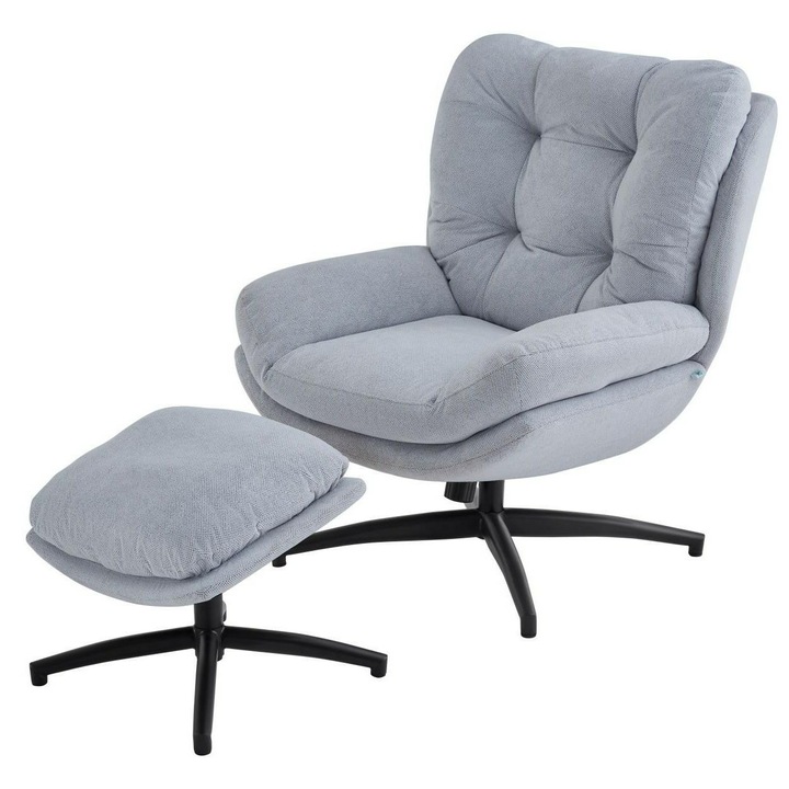 Fotel lábtartóval, HowHomely, ROYAL, Puha kárpit, Profilozott háttámla a maximális kényelemért, Stabil alap, Modern elegáns design, Ideális pihenéshez a nappaliban vagy irodában, Lábtartóval együtt, Világosszürke