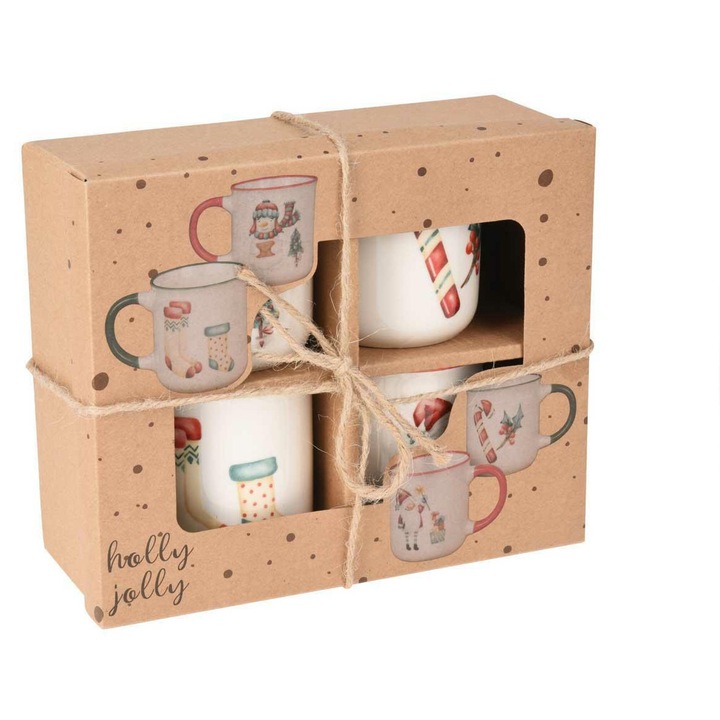 Set 4 Cani Craciun, Excellent Houseware, Portelan New Bone, Capacitate 200 ml, Motive Festive Om De Zapada, Cutie Cadou Eleganta Cu Snur, Ideale Pentru Ceai Sau Cafea, Design Vesel De Iarna, Rezistente Si Usoare, Cadou Perfect, Alb Rosu