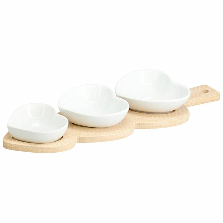 Bambusz Tálalókészlet, HowHomely, 4 Részes, 3 Szív Alakú Porcelán Tál és Natúr Tálca, Ideális Snackekhez, Szószokhoz vagy Előételekhez, Romantikus és Elegáns Design, Tartós Természetes Anyagok, Modern és Letisztult Megjelenés, 25x15 cm, Fehér/Natúr