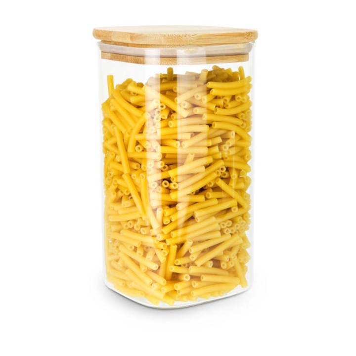 Rominox Cubo tárolóedény, 1, 3 L, boroszilikát üveg, bambusz fedél, tömítés