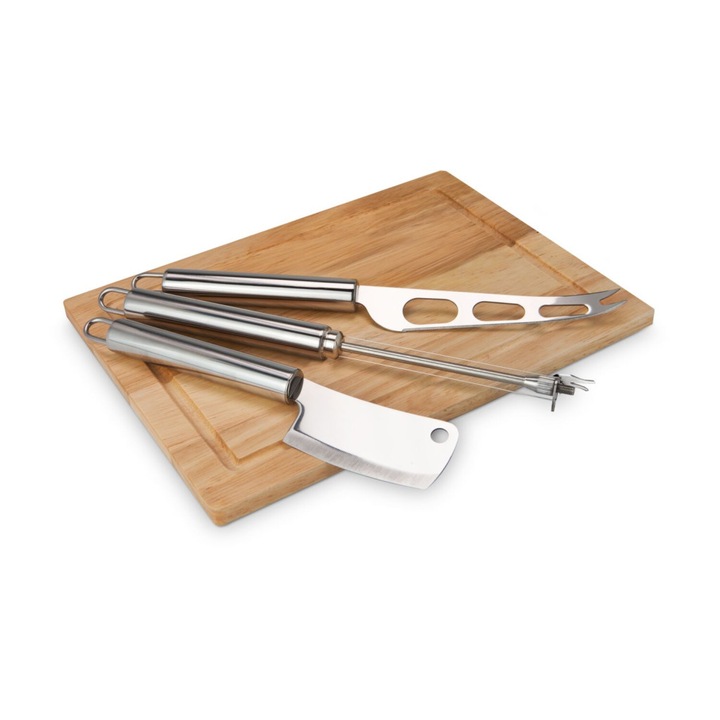 Set branzeturi Rominox Legno, tocator lemn, 3 accesorii inox, taietor cu fir, 27 x 20 cm