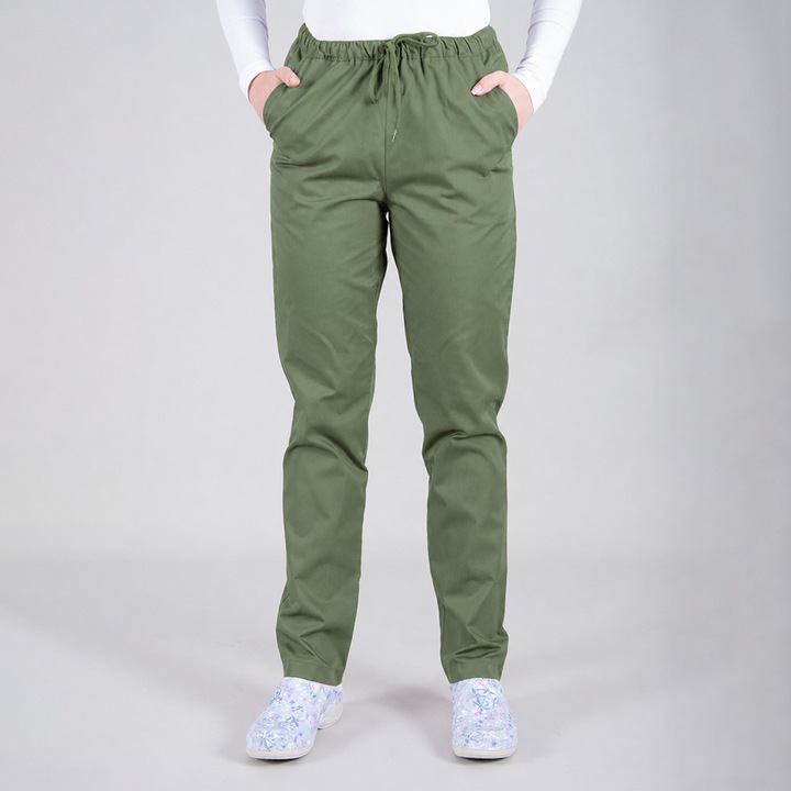 Pantalon medical unisex Clio, model stretch, cu snur, culoare kaki, marime XS