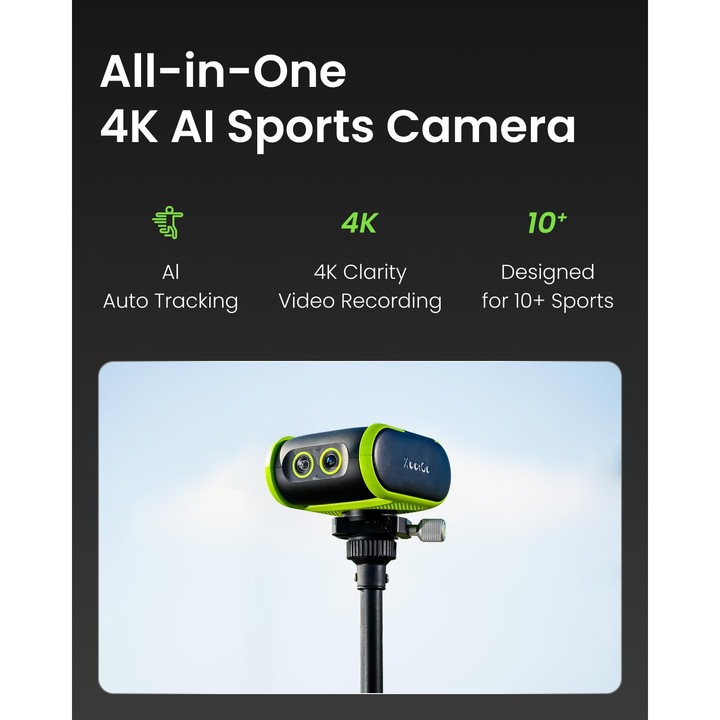 Camera de actiune multifunctionala XbotGo Falcon cu inteligenta artificiala, camera sport cu urmarire automata 4K pentru fotbal, baschet si fotbal american, inregistrator pentru sporturi de echipa cu doua obiective si streaming live (Margine verde)