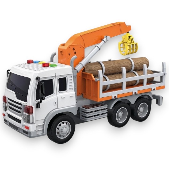 Camion cu incarcator pentru lemn 1:16 portocaliu, Lumini si sunete, Jucarie interactiva utilaj forestier copii, Vehicul transport busteni cu brat mobil, Camion forestier plastic realis, Copii 3+ ani, Efecte sonore si luminoase