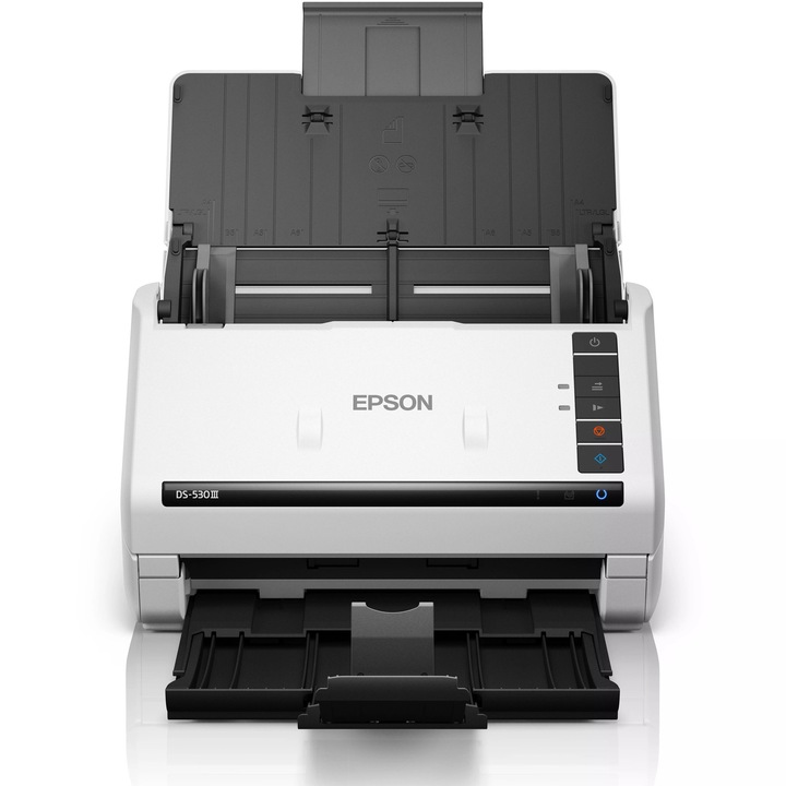Скенер за документи Epson WorkForce DS-530III, A4, Двустранен, 40 ppm, ADF 60 листа, USB 3.2, Бял/Черен