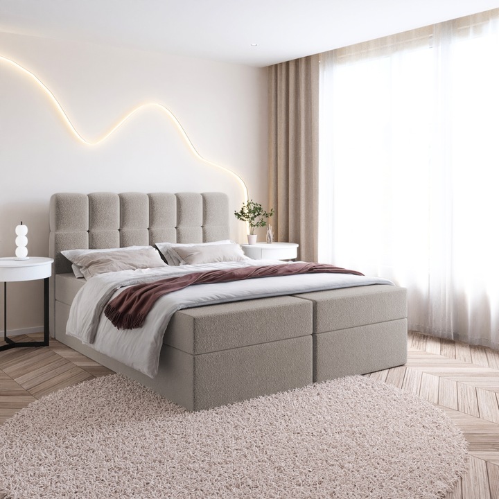 Pat boxspring SELA 2 cu lazi de depozitare - pat matrimonial pentru dormitor, spatiu de depozitare, pat tapitat (120x200, Maro deschis - Fredo 05, fara topper)