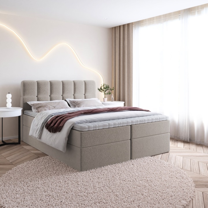 SELA 2 boxspring ágy tárolórekeszekkel - franciaágy hálószobába, tárolóhely, kárpitozott ágy (180x200, Világosbarna - Fredo 05, VISCO fedőmatrac)