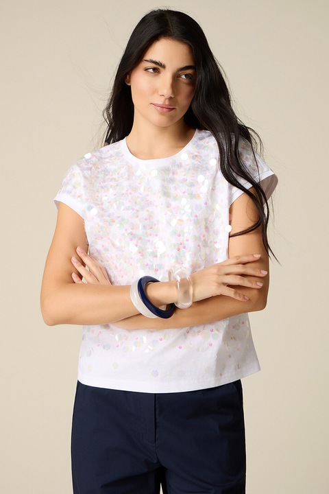 Oltre, Tricou din bumbac cu paiete, Alb/Verde/Roz
