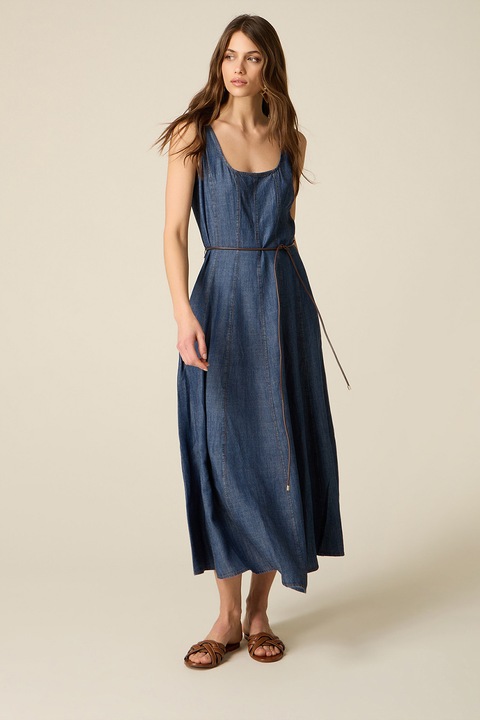 Oltre, Rochie midi din denim cu cordon in talie, Bleumarin