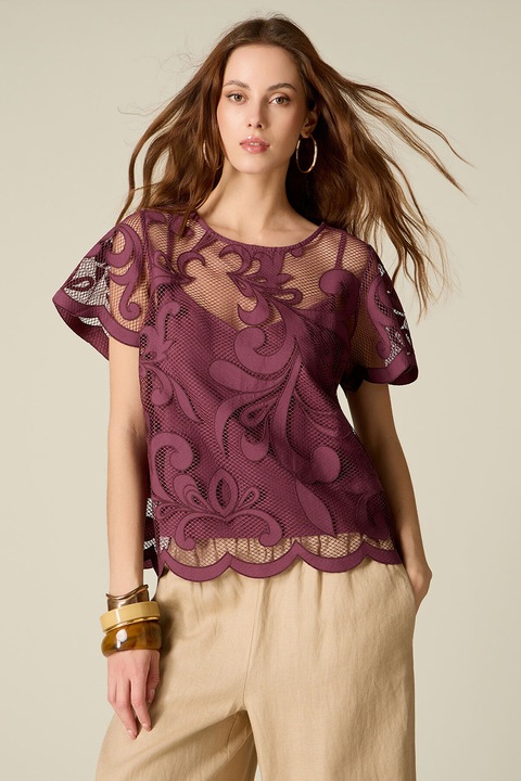 Oltre, Bluza din plasa cu maneci scurte si model floral, Violet pruna