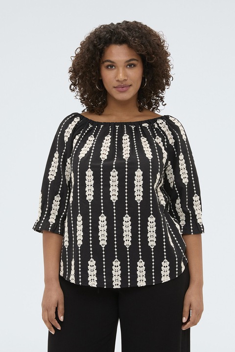 Fiorella Rubino, Bluza cu decolteu pe umeri si broderie, Alb fildes/Negru
