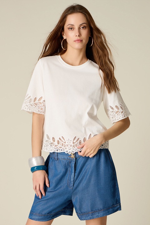 Oltre, Tricou cu maneci medii si detalii perforate, Alb