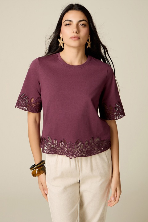 Oltre, Tricou cu maneci medii si detalii perforate, Violet pruna