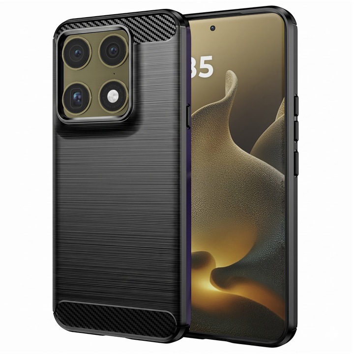 Husa pentru Motorola Signature, SKYDDAR INNOVATION, Carbon Silicone, din Silicon Slim, cu textura Fibra Carbon, set cu sticker, Negru