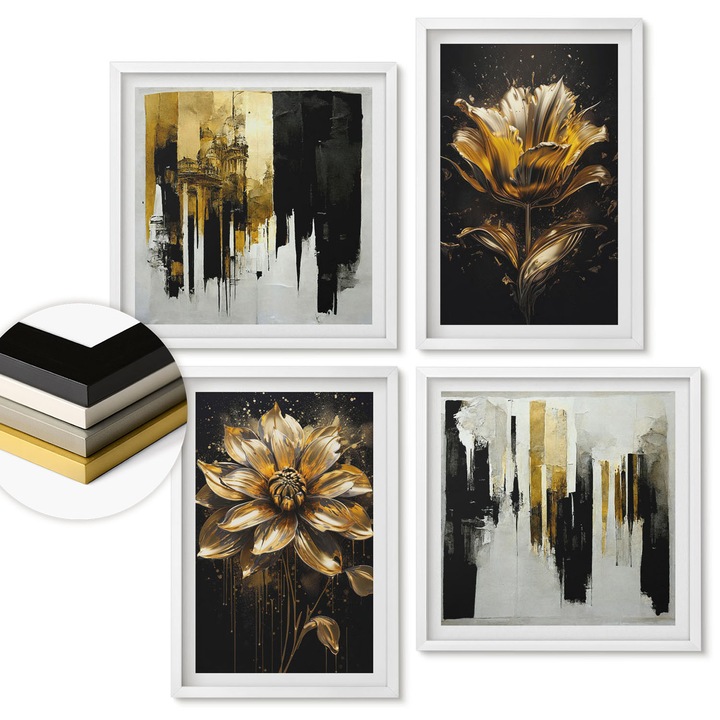 Комплект картина от 4 части, Coloray, стилни цветя, жълт, 50x50 см + 40x60 см