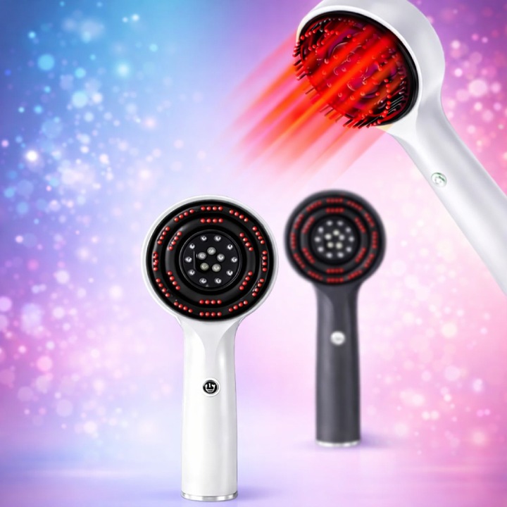 Perie electrica pentru masaj scalp, Vibratii 360°, Lumina LED rosie, 3 moduri, Reincarcabila USB, Pentru relaxare, stimulare circulatie, Alb