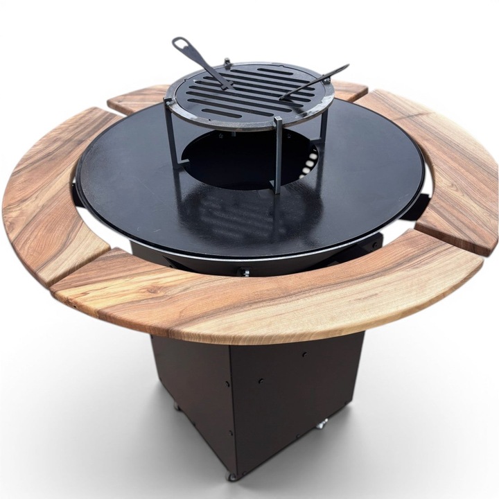 Gratar Rotund Gradina 107cm, diametru Plita 75 cm, grosime 8 mm cu reglare tiraj si tavita cenusa blat de lemn nuc