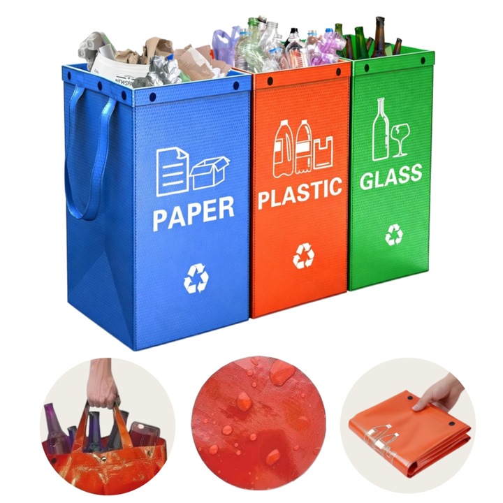 Set 3 Saci pentru Reciclare Selectiva 40L, Pliabili, Impermeabili, Reutilizabili, Rezistenta 20 kg, pentru Hartie, Plastic si Sticla, Organizator Colectare Deseuri pentru Bucatarie, Casa si Exterior, Albastru Portocaliu Verde