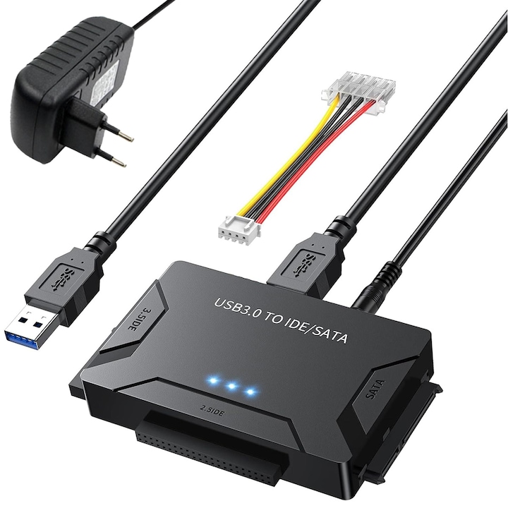 USB 3.0 és Type-C kártyaolvasó SATA/IDE merevlemezekhez, 3 az 1-ben, univerzális adapter 2,5 hüvelykes/3,5 hüvelykes HDD/SSD-hez, egykattintásos biztonsági mentés funkcióval, 12 V/2 A hálózati adapterrel együtt